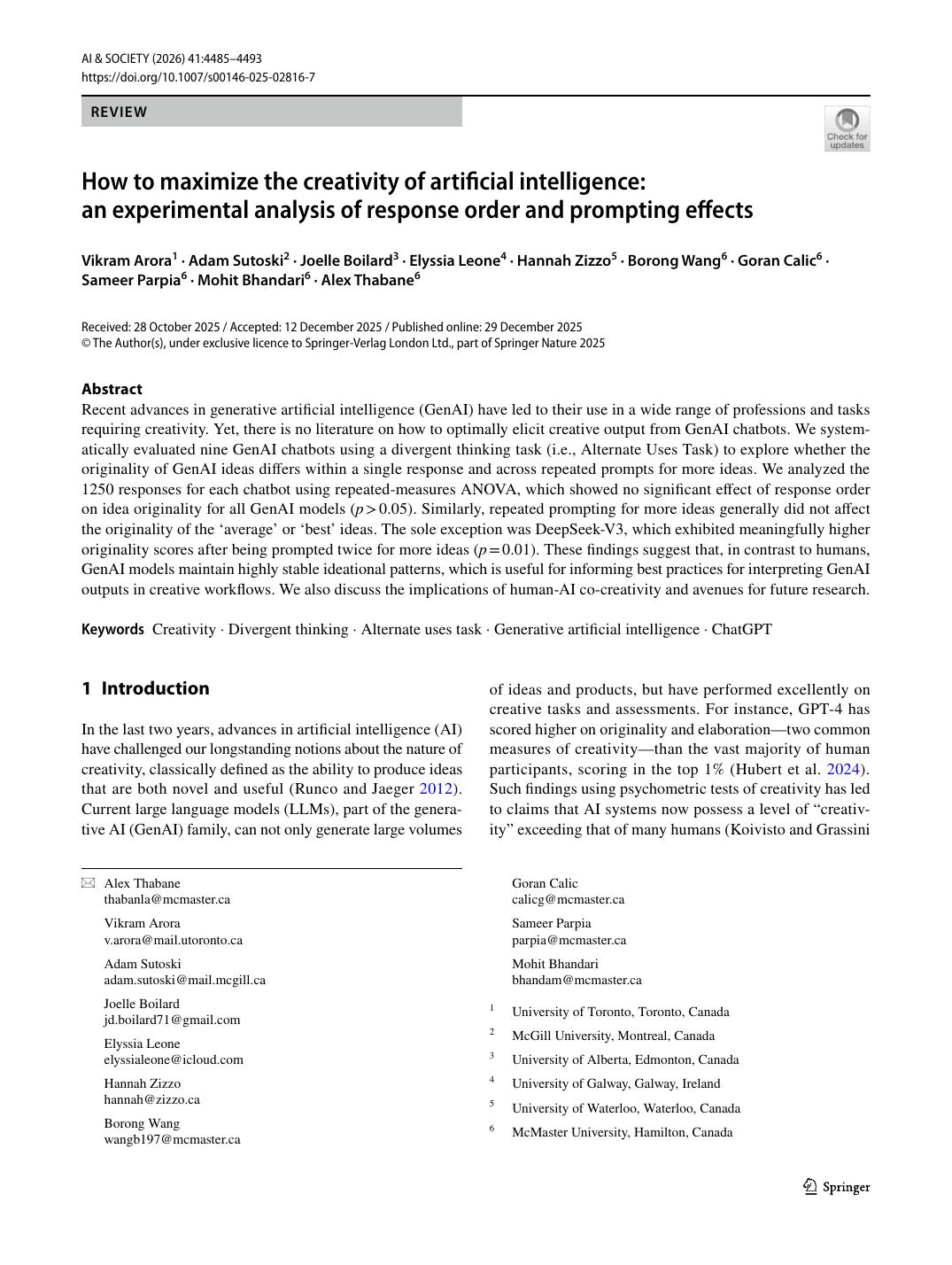 First page of How to maximize the creativity of artificial intelligence: An experimental analysis of response order and prompting effects in AI & Society
