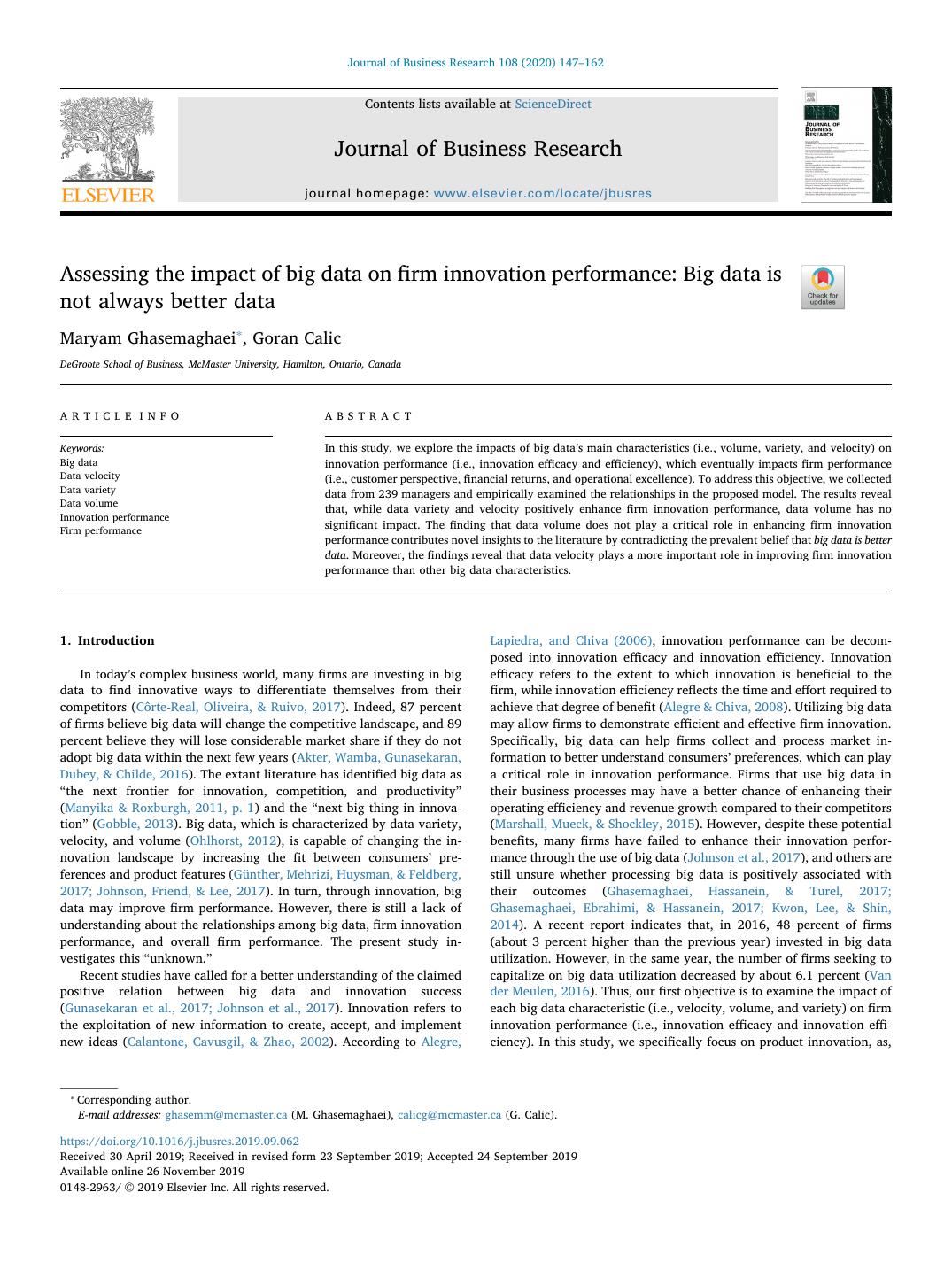 First page of Assessing the impact of big data on firm innovation performance: Big data is not always better data in Journal of Business Research