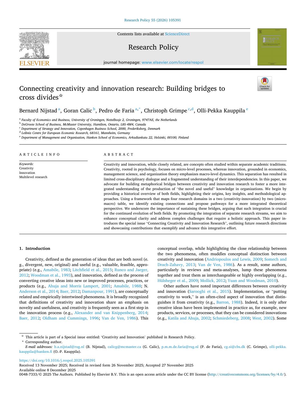 First page of Connecting creativity and innovation research: Building bridges to cross divides in Research Policy