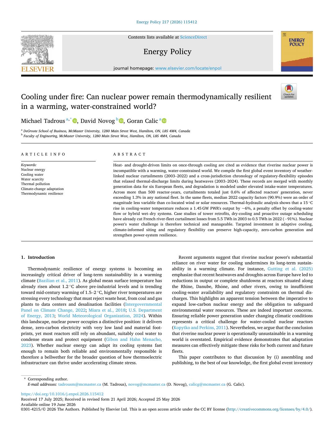 First page of Cooling under fire: Can nuclear power remain thermodynamically resilient in a warming, water-constrained world? in Energy Policy