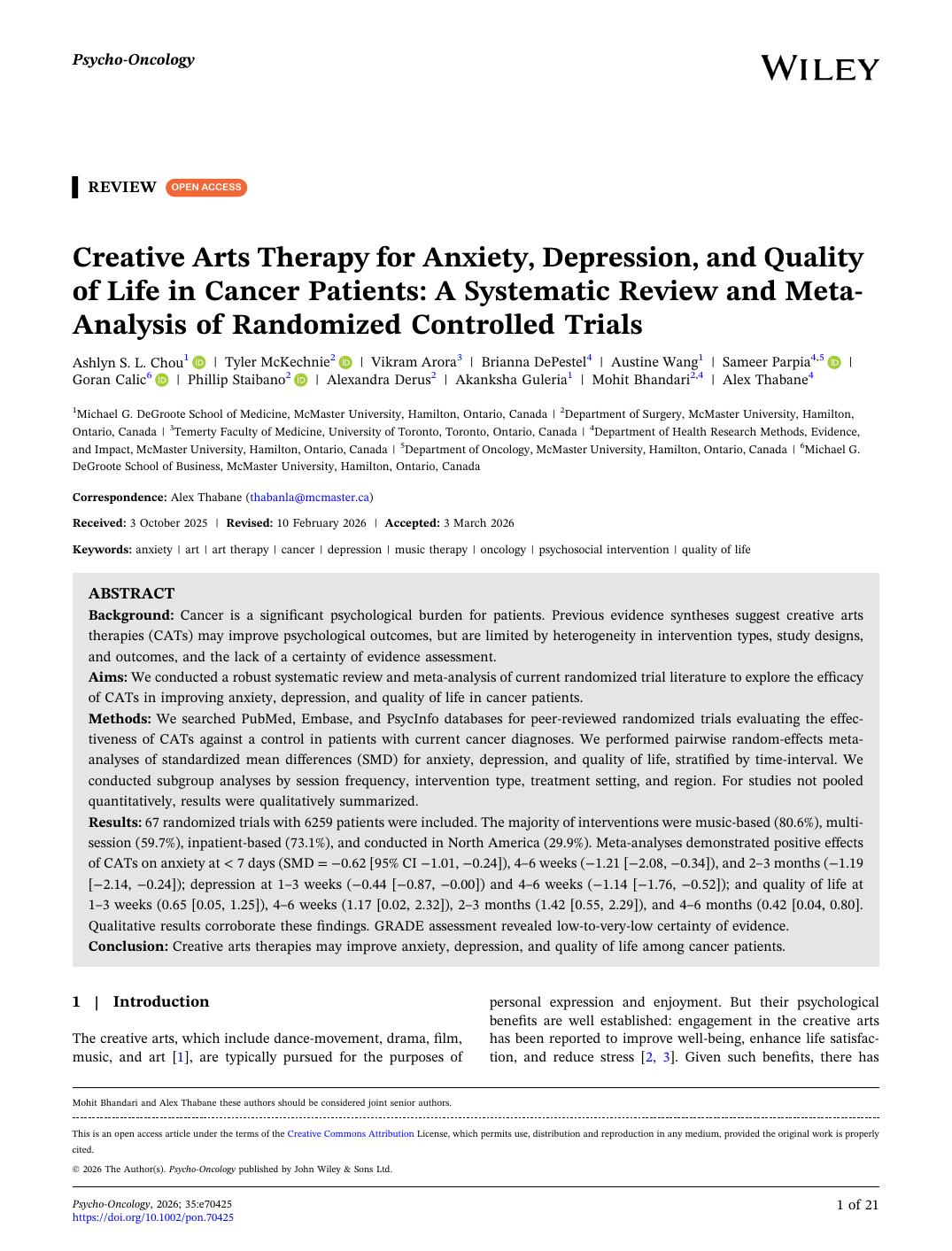 First page of Creative Arts Therapy for Anxiety, Depression, and Quality of Life in Cancer Patients: A Systematic Review and Meta-Analysis of Randomized Controlled Trials in Psycho-Oncology
