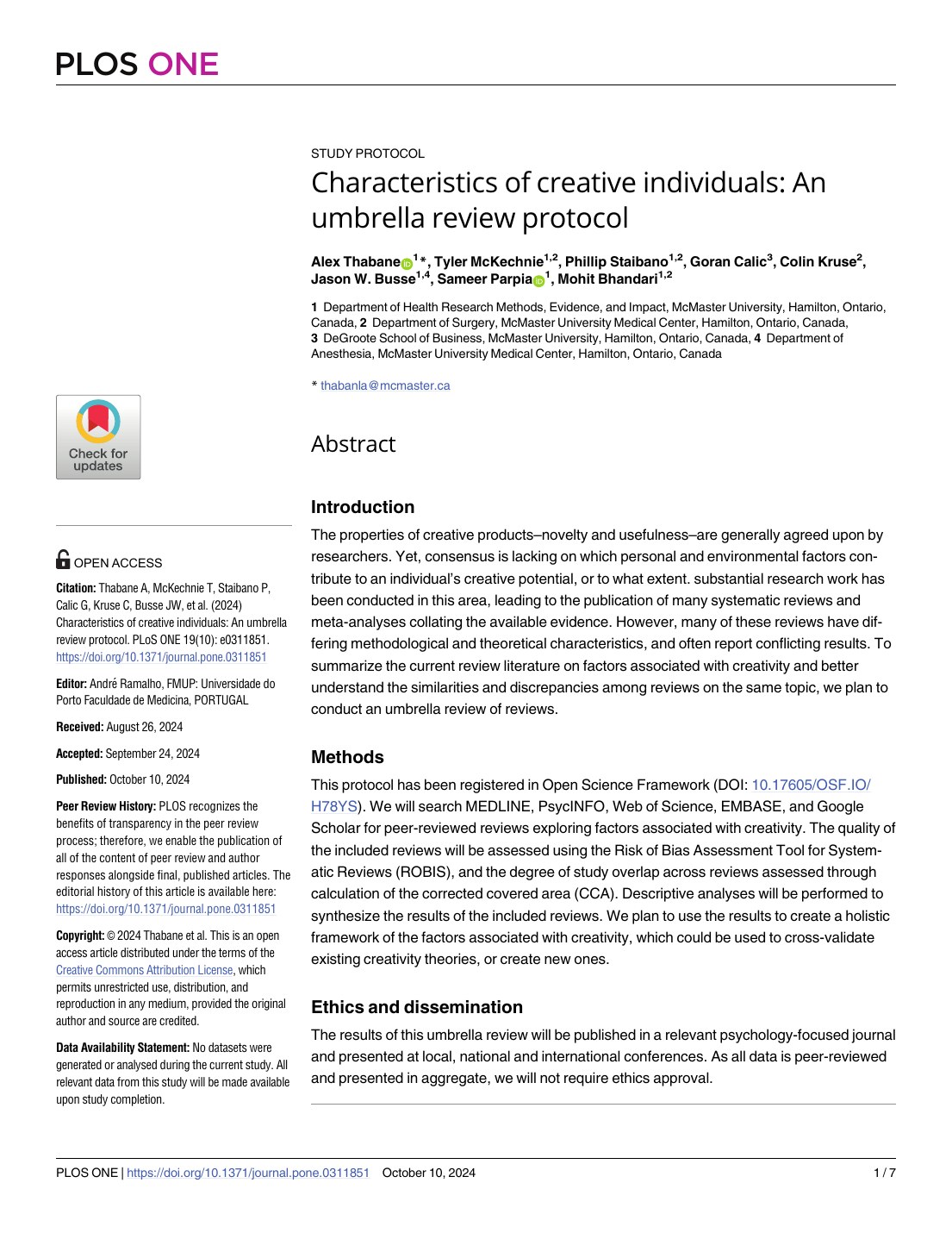 First page of Characteristics of creative individuals: An umbrella review protocol in PLOS One