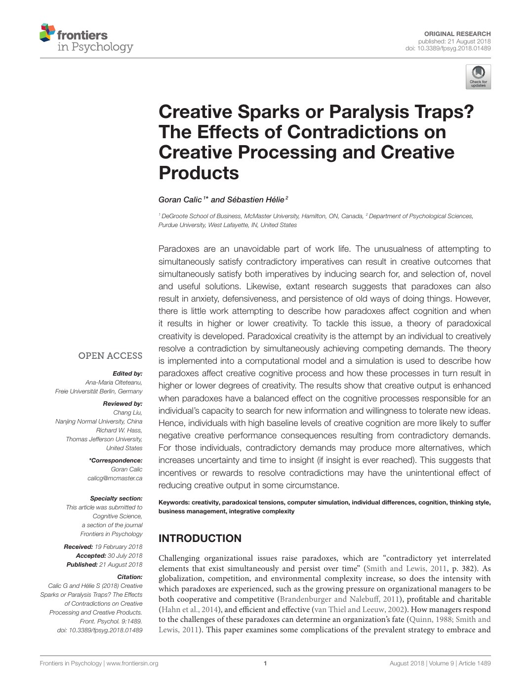 First page of Creative sparks or paralysis traps? The effects of contradictions on creative processing and creative products in Frontiers in Psychology