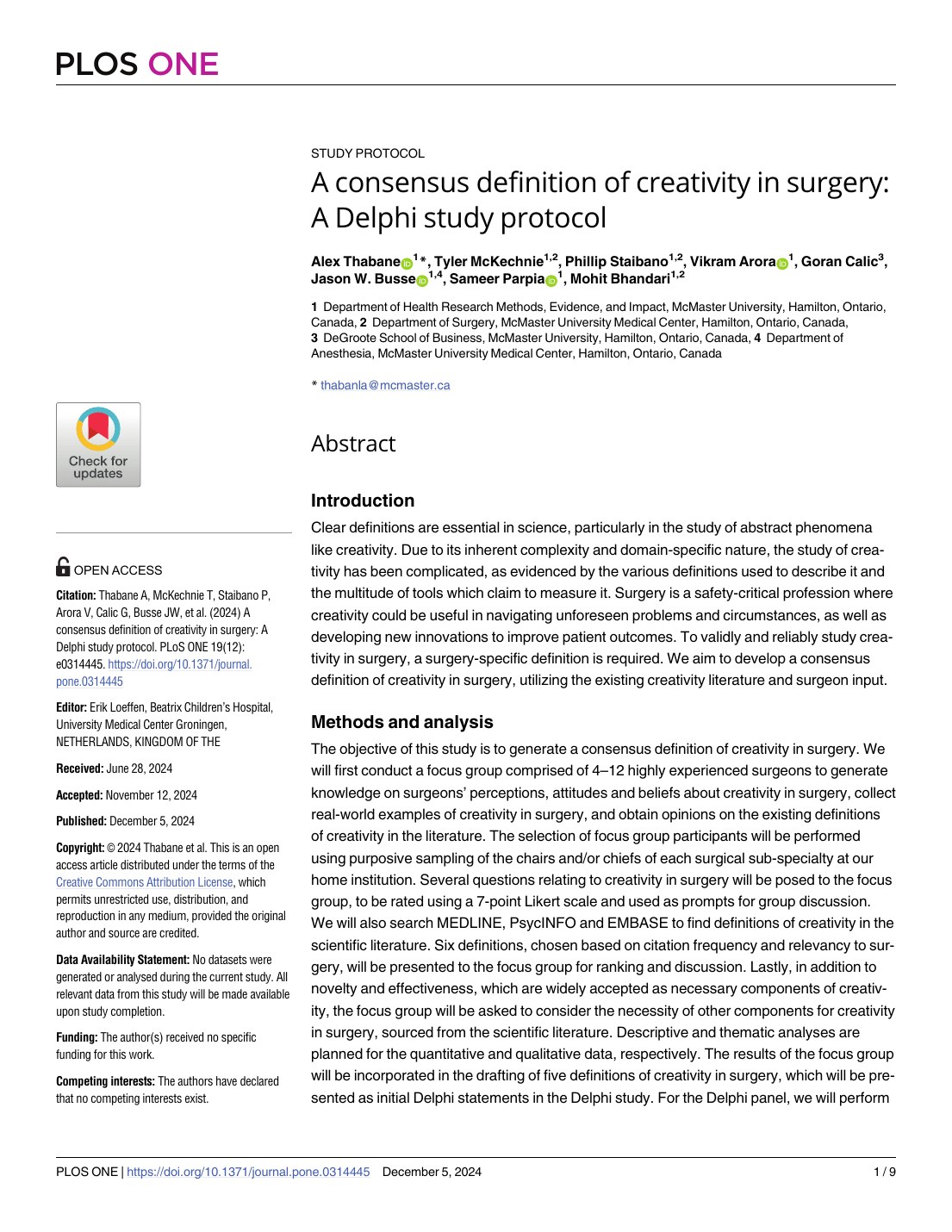 First page of A consensus definition of creativity in surgery: A Delphi study protocol in PLOS One
