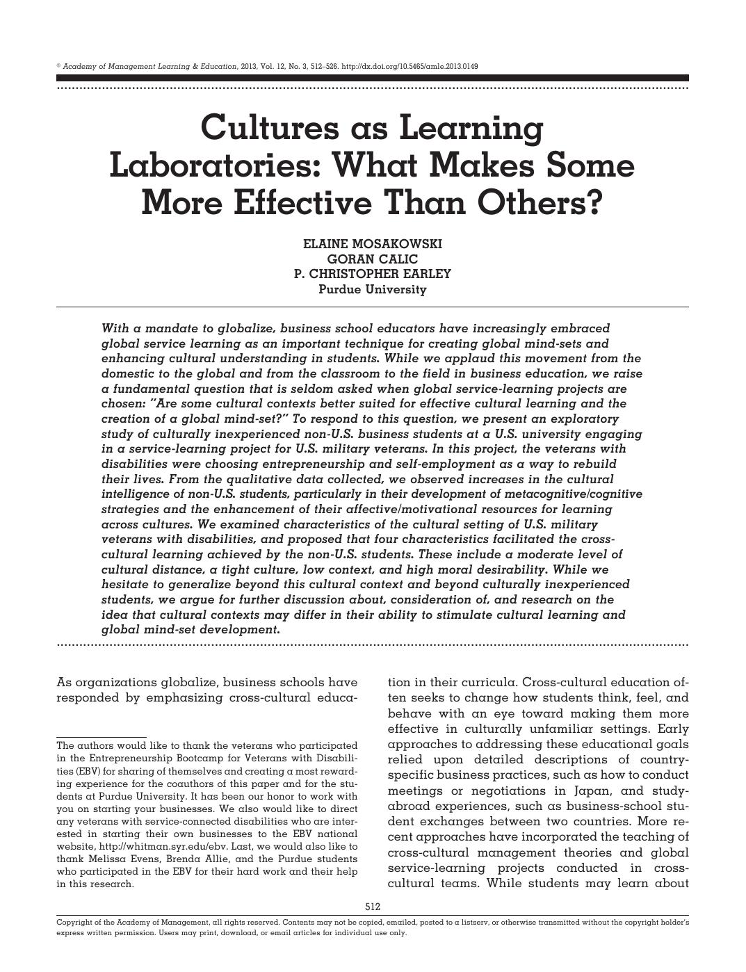 First page of Cultures as learning laboratories: What makes some more effective than others? in Academy of Management Learning & Education