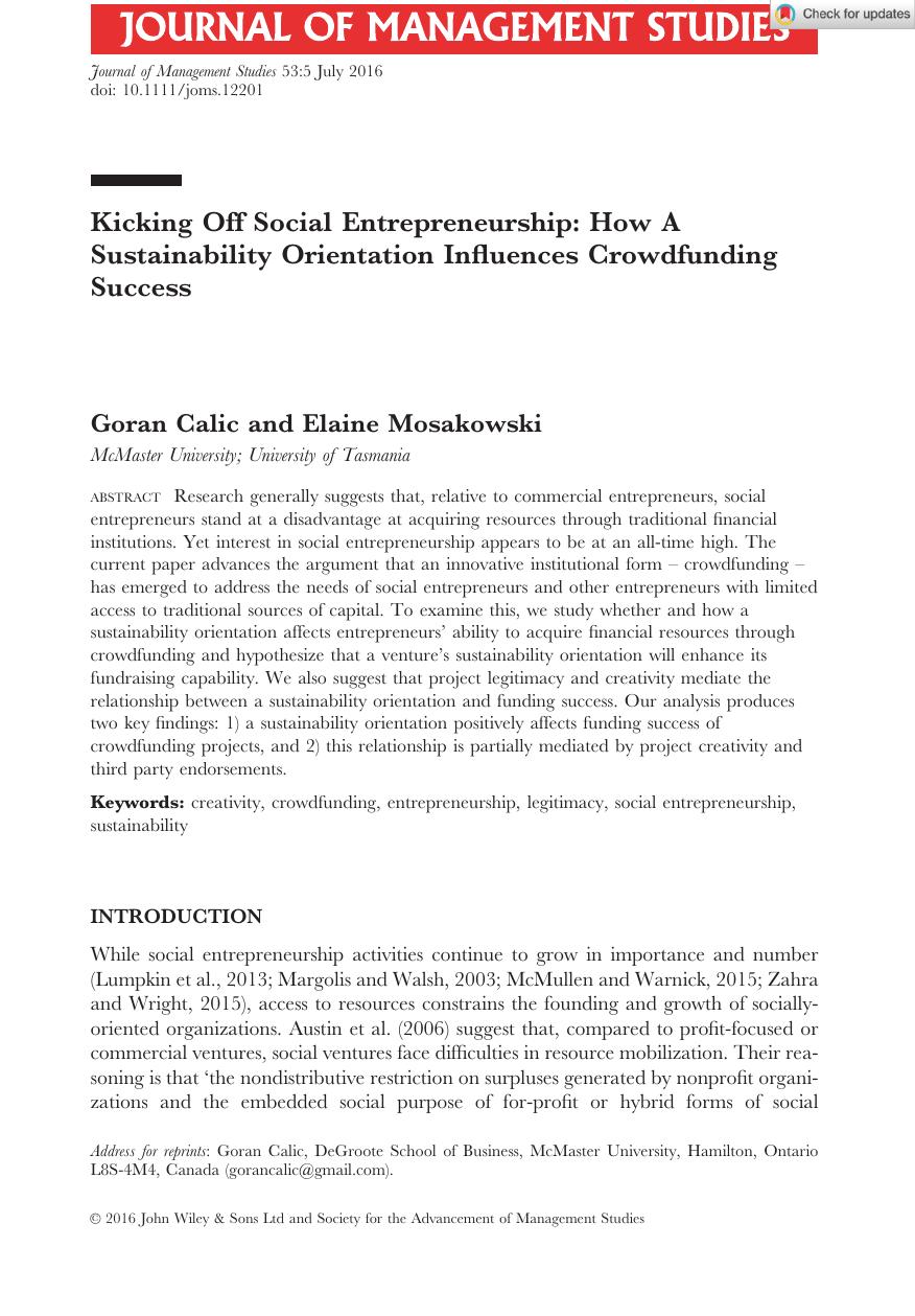 First page of Kicking off social entrepreneurship: How a sustainability orientation influences crowdfunding success in Journal of Management Studies