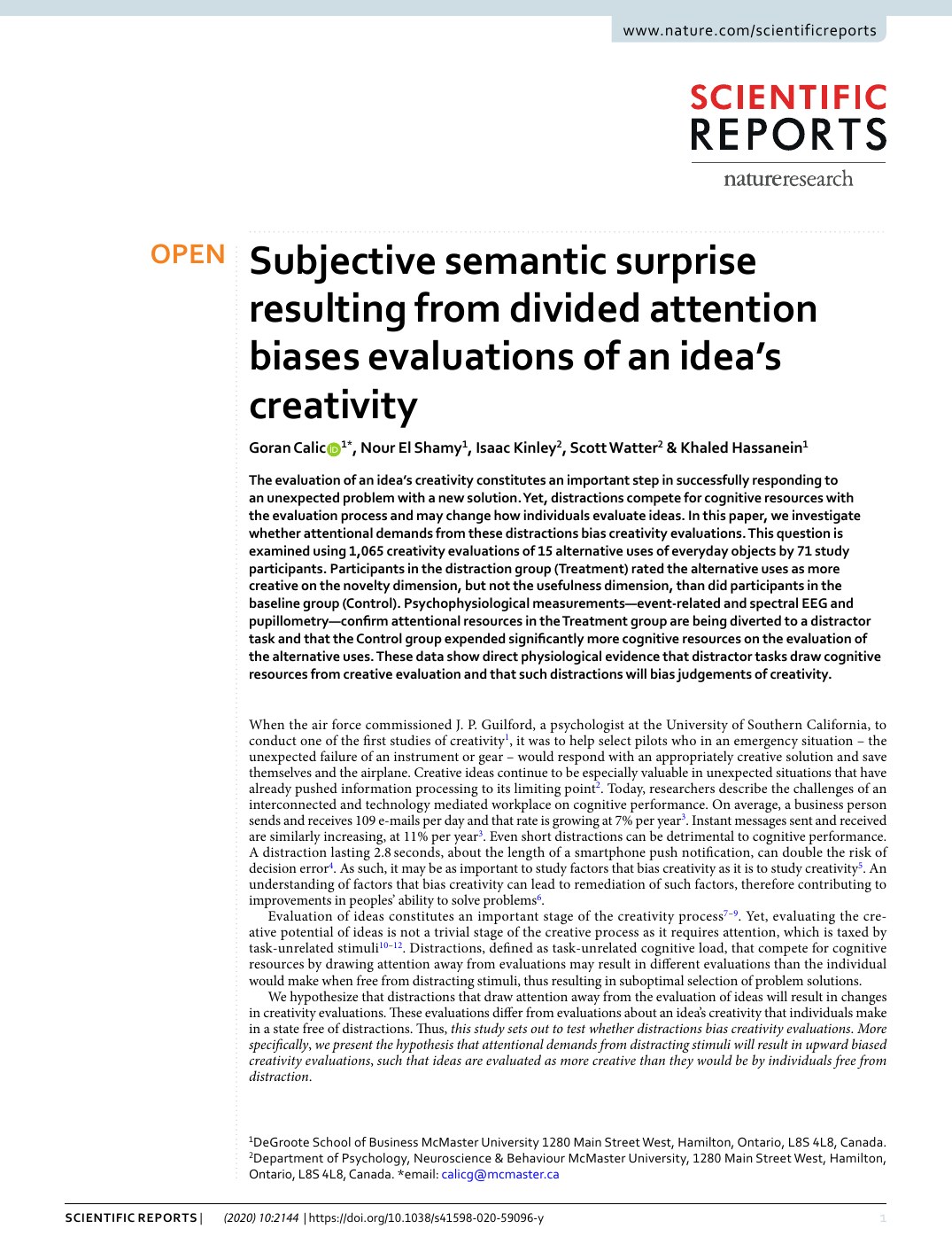 First page of Subjective semantic surprise resulting from divided attention biases evaluations of an idea's creativity in Scientific Reports