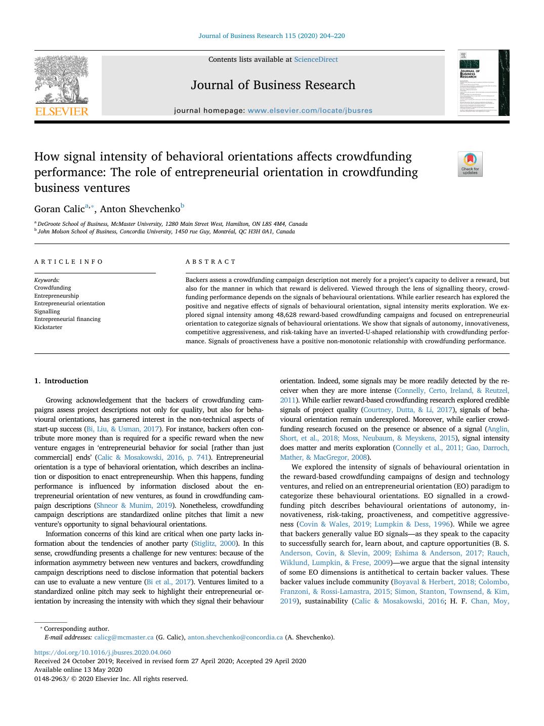 First page of How signal intensity of behavioral orientations affects crowdfunding performance: The role of entrepreneurial orientation in crowdfunding business ventures in Journal of Business Research