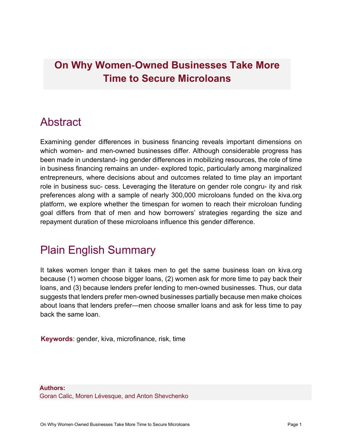 First page of the publicly available author version of On why women-owned businesses take more time to secure microloans