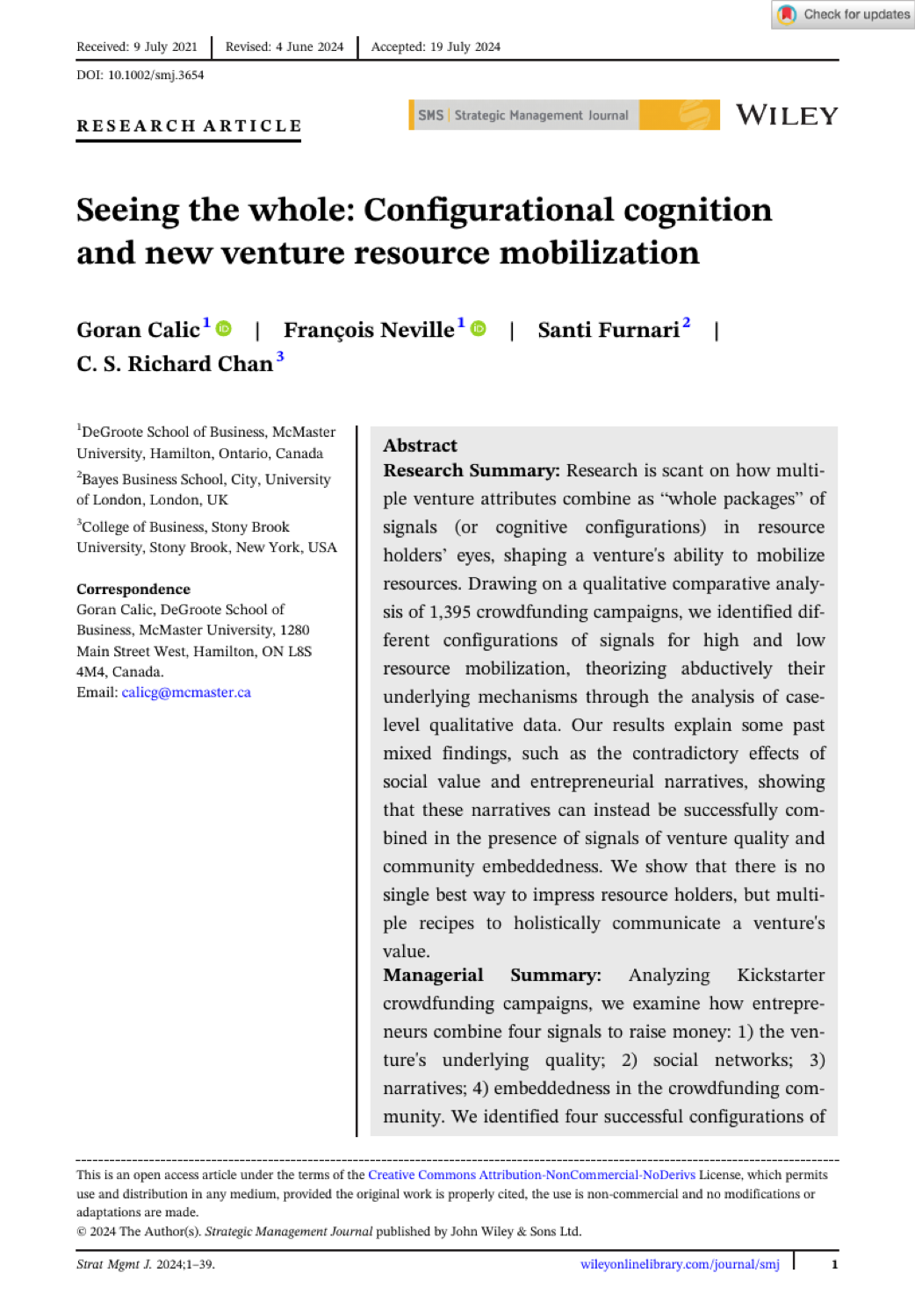 First page of Seeing the whole: Configurational cognition and new venture resource mobilization in Strategic Management Journal